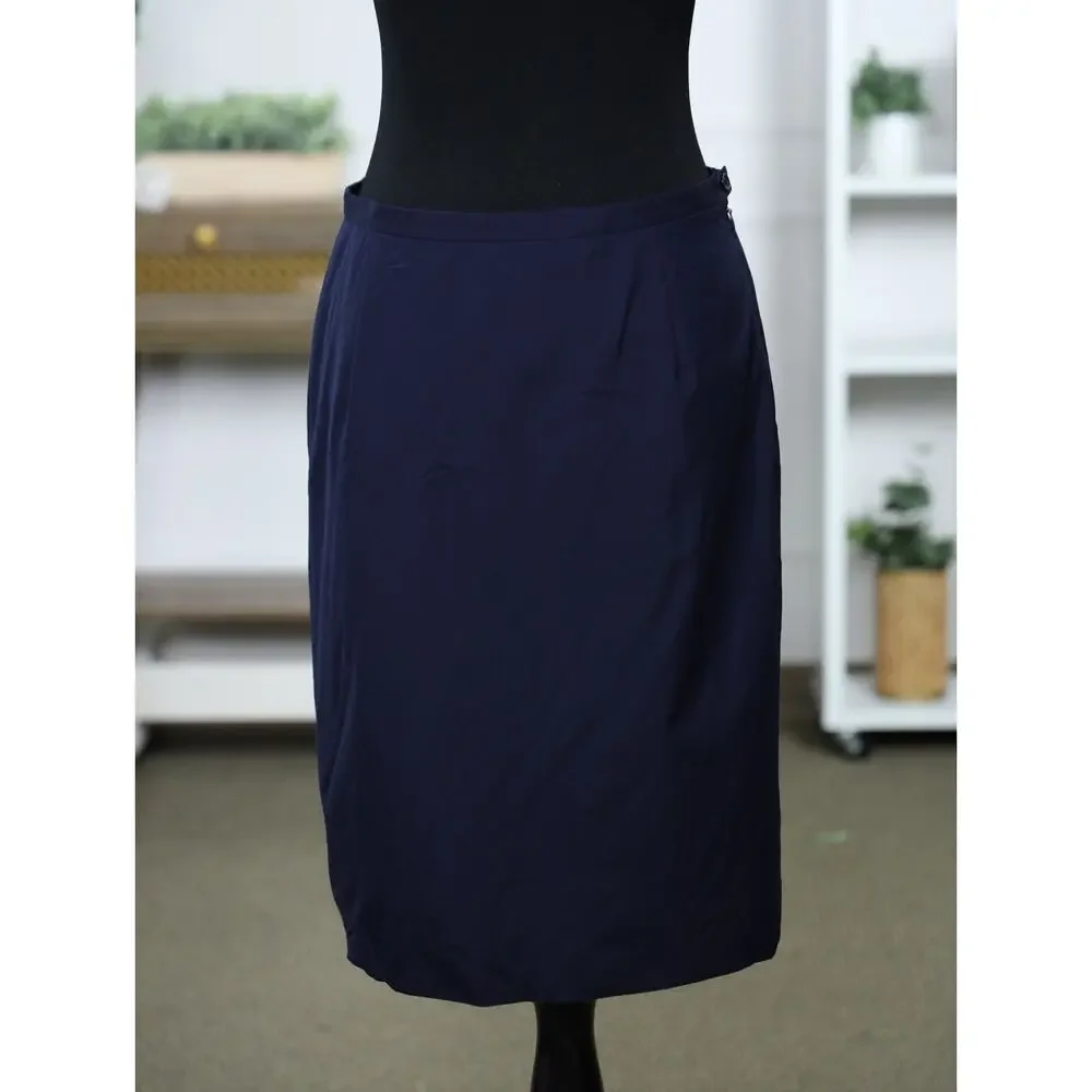 Vintage Paul Stuart Made in Italy Navy Silk Blend A-Line Midi Skirt Quiet Luxury